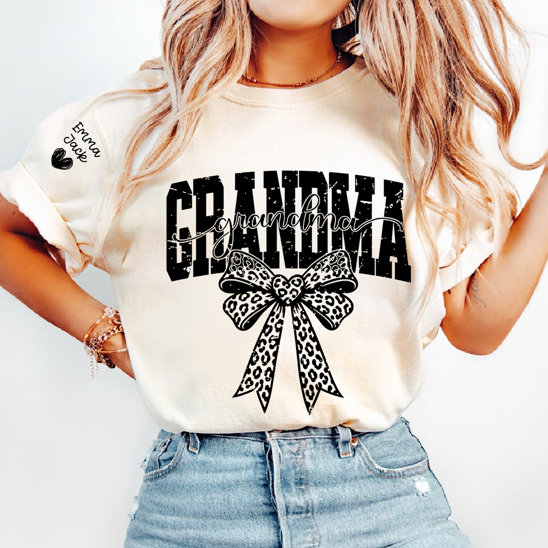 Personalized Grandma T-Shirt with Leopard Print Bow and Custom Grandkids Names