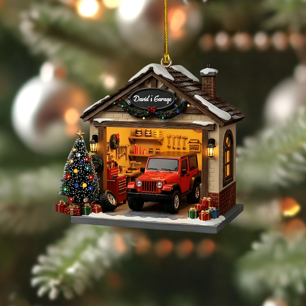 Personalized Garage Ornament – Custom Name Jeep Garage Christmas Decoration, Perfect Gift for Car Lovers Ornament