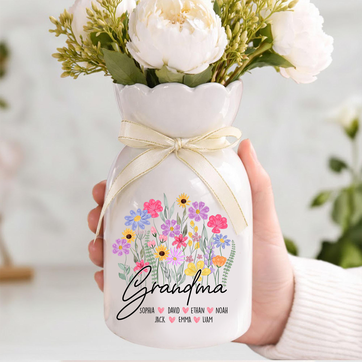 Personalized Ceramic Flower Vase for Mimi, Custom Vase with Kids' Names, Perfect Gift for Grandmother