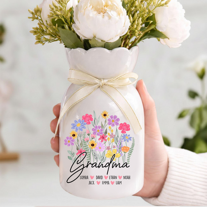 Personalized Ceramic Flower Vase for Mimi, Custom Vase with Kids' Names, Perfect Gift for Grandmother