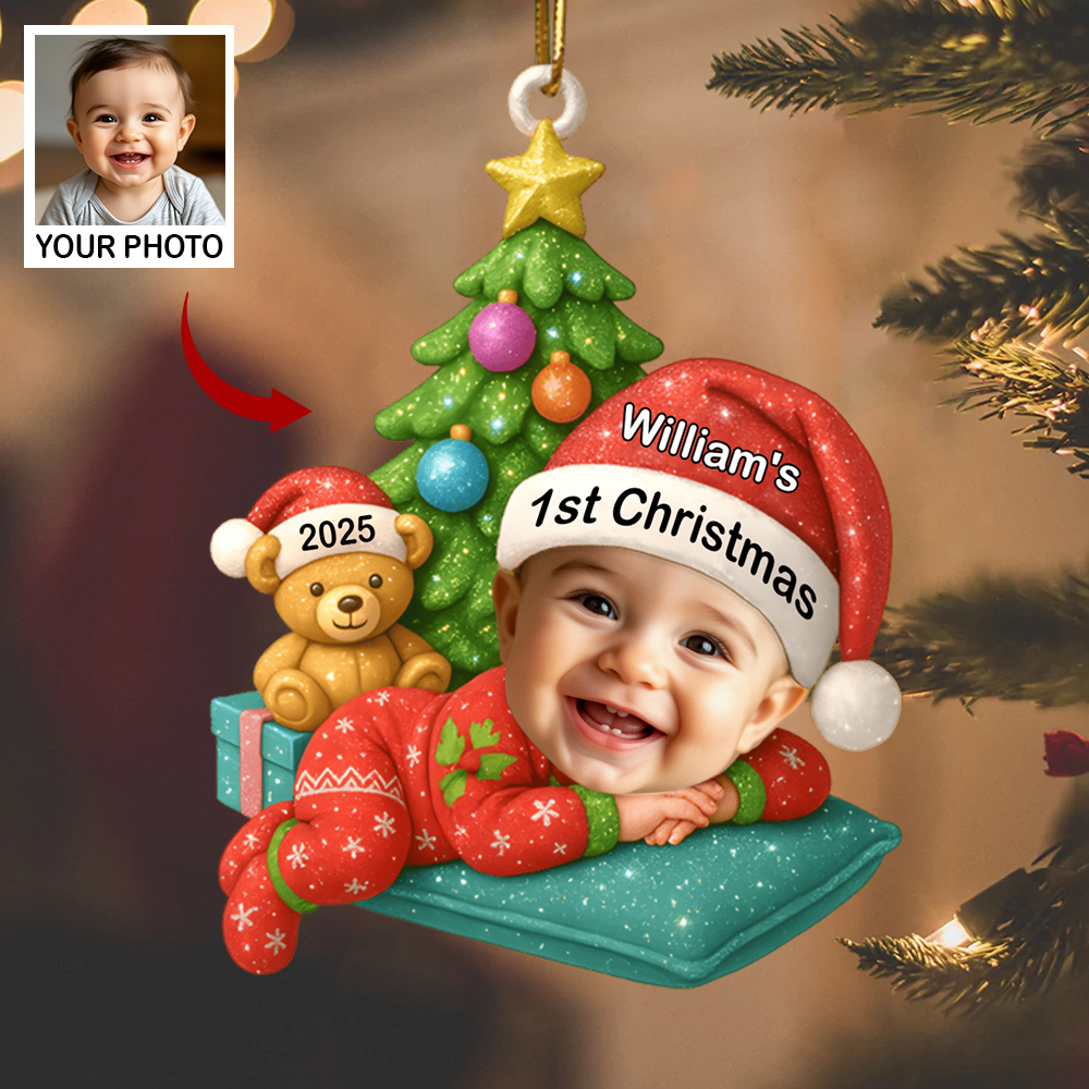 Personalized Baby’s First Christmas Ornament 2025 – Custom Photo Ornament with Name, Cute Baby & Teddy Design Ornament