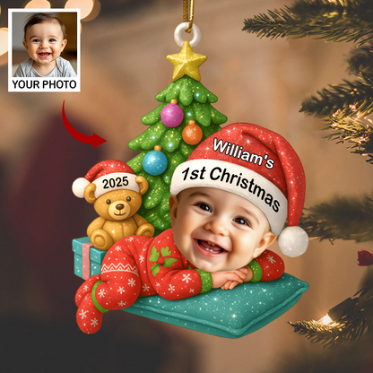 Personalized Baby’s First Christmas Ornament 2025 – Custom Photo Ornament with Name, Cute Baby & Teddy Design Ornament