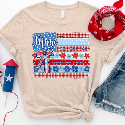 Patriotic Mimi Shirt with Grandkids Names Custom Family Shirt Featuring American Flag and Floral Bow Design