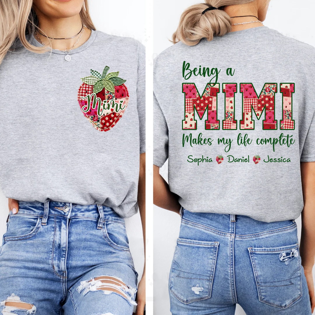 Custom Mimi Shirt with Grandkids Names, Personalized Strawberry Patchwork Tee for Grandma Nana Gigi, Cute Family Gift