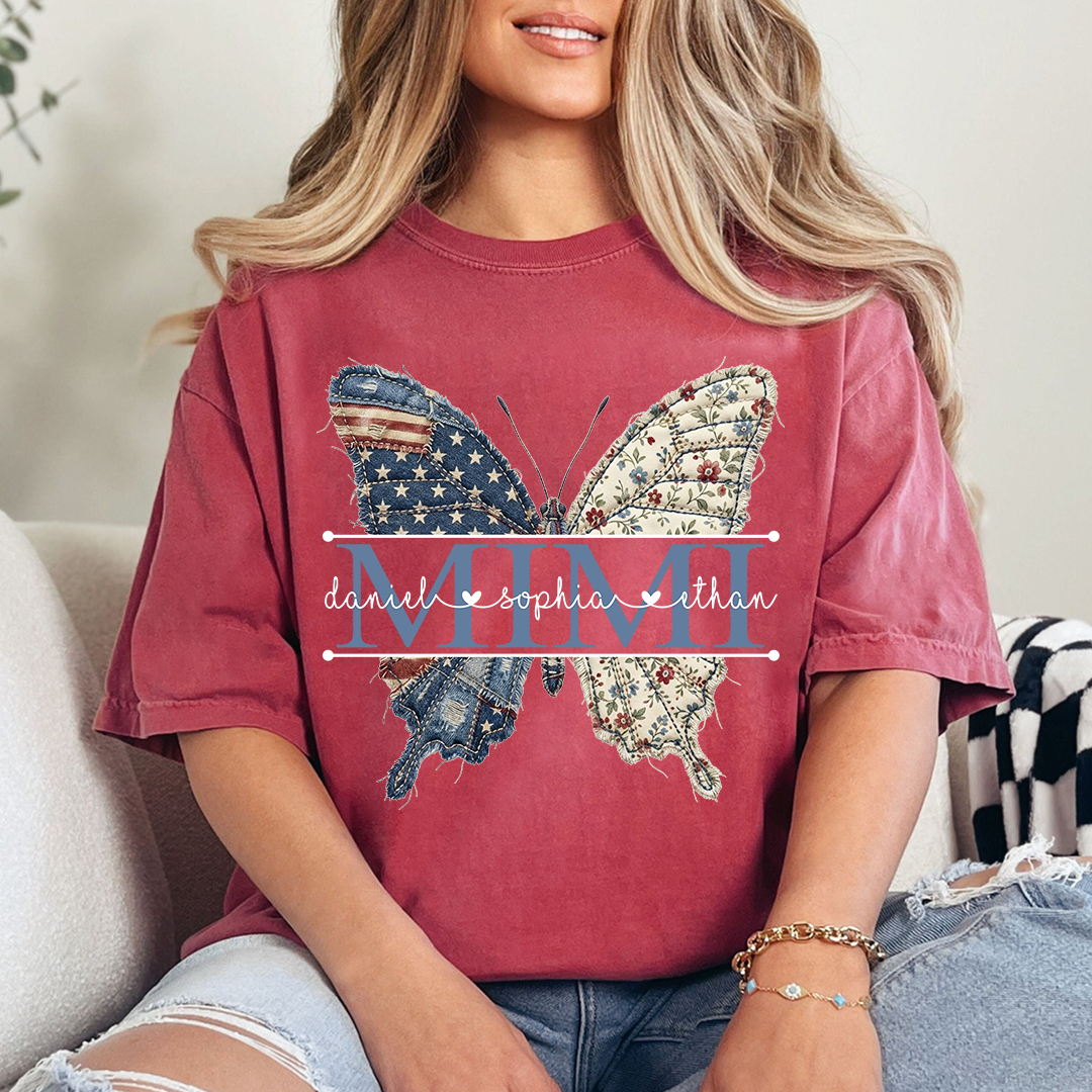 Custom Mimi Butterfly T-Shirt, Patriotic 4th of July Gift For Grandma And Kids
