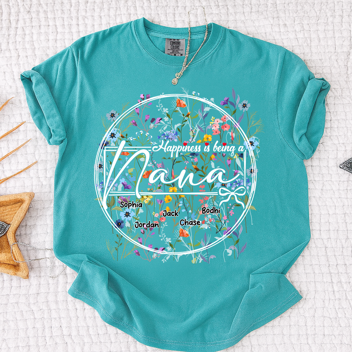 Comfort Colors® Happiness is Being a Nana - Personalized Floral Shirt with Kids’ Names, Ideal Gift for Nana