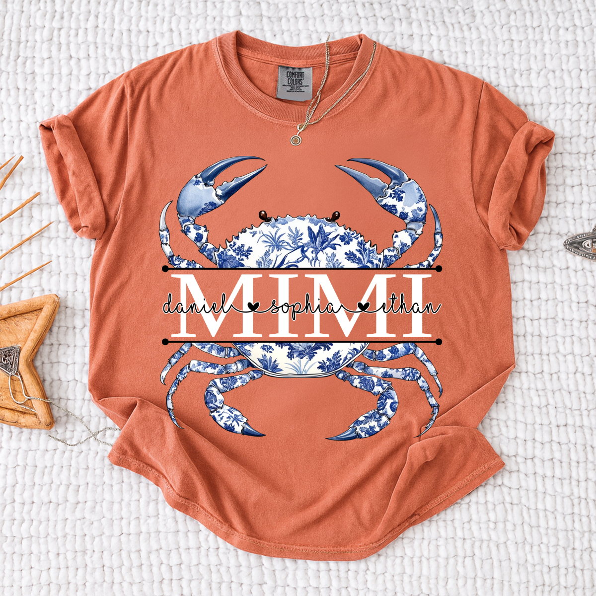 Comfort Colors® Personalized Mimi Shirt, Blue Ocean Crab Graphic Tee, Custom Grandkids Names T Shirt, Cute Coastal Family Gift