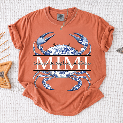 Comfort Colors® Personalized Mimi Shirt, Blue Ocean Crab Graphic Tee, Custom Grandkids Names T Shirt, Cute Coastal Family Gift