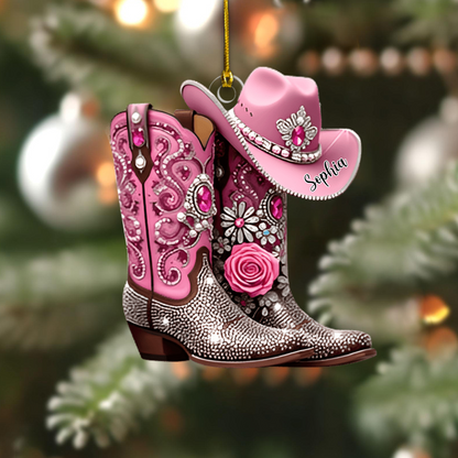 Custom Name Cowgirl Ornament 2025 – Personalized Pink Boots and Hat Decoration, Cute Gift for Rodeo Lovers & Western Fans Ornament