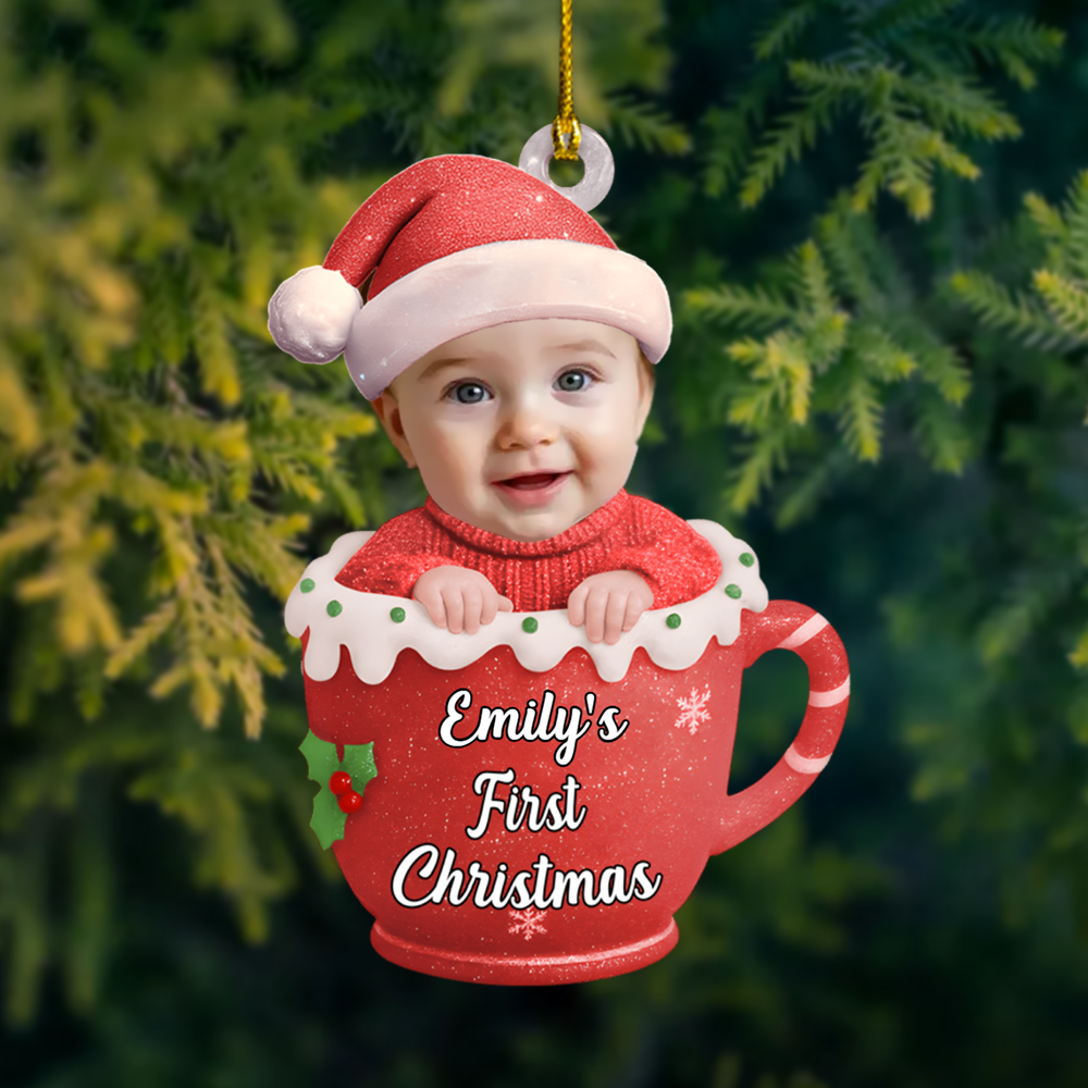 Personalized Baby’s First Christmas Ornament 2025 – Custom Photo Baby in Cup Decoration for Newborns Ornament