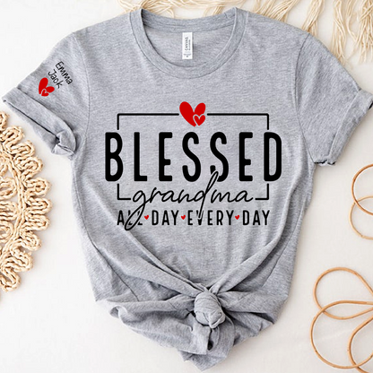 Blessed Grandma All Day Every Day Shirt, Personalized Family T Shirt with Grandkids Names and Heart Design