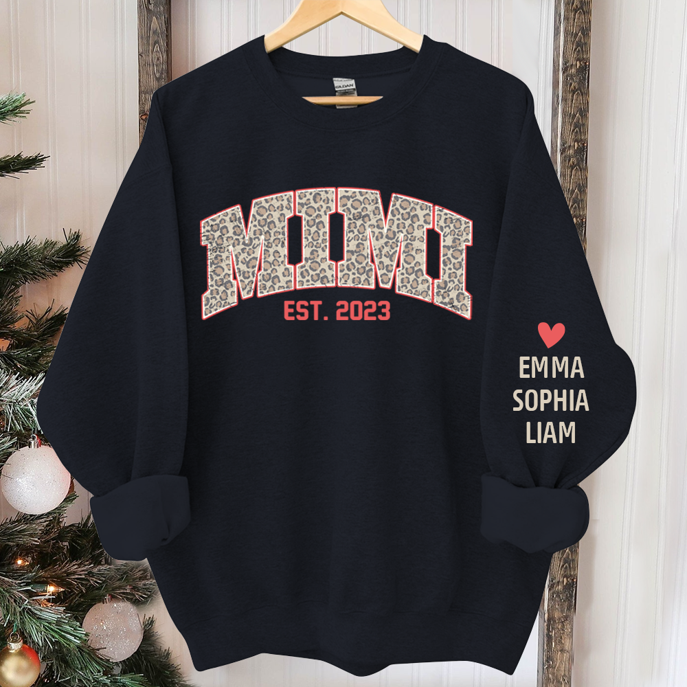 Mimi Leopard Christmas Sweatshirt, Custom Mimi Est And Kids, Grandma Gift TH Sweatshirt