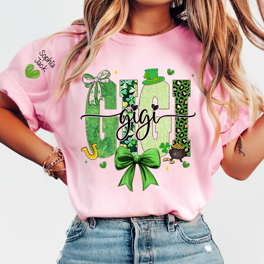 Gigi St Patrick’s Day Shirt, Green Shamrock Bow Family T Shirt, For Gift Gigi And Kids