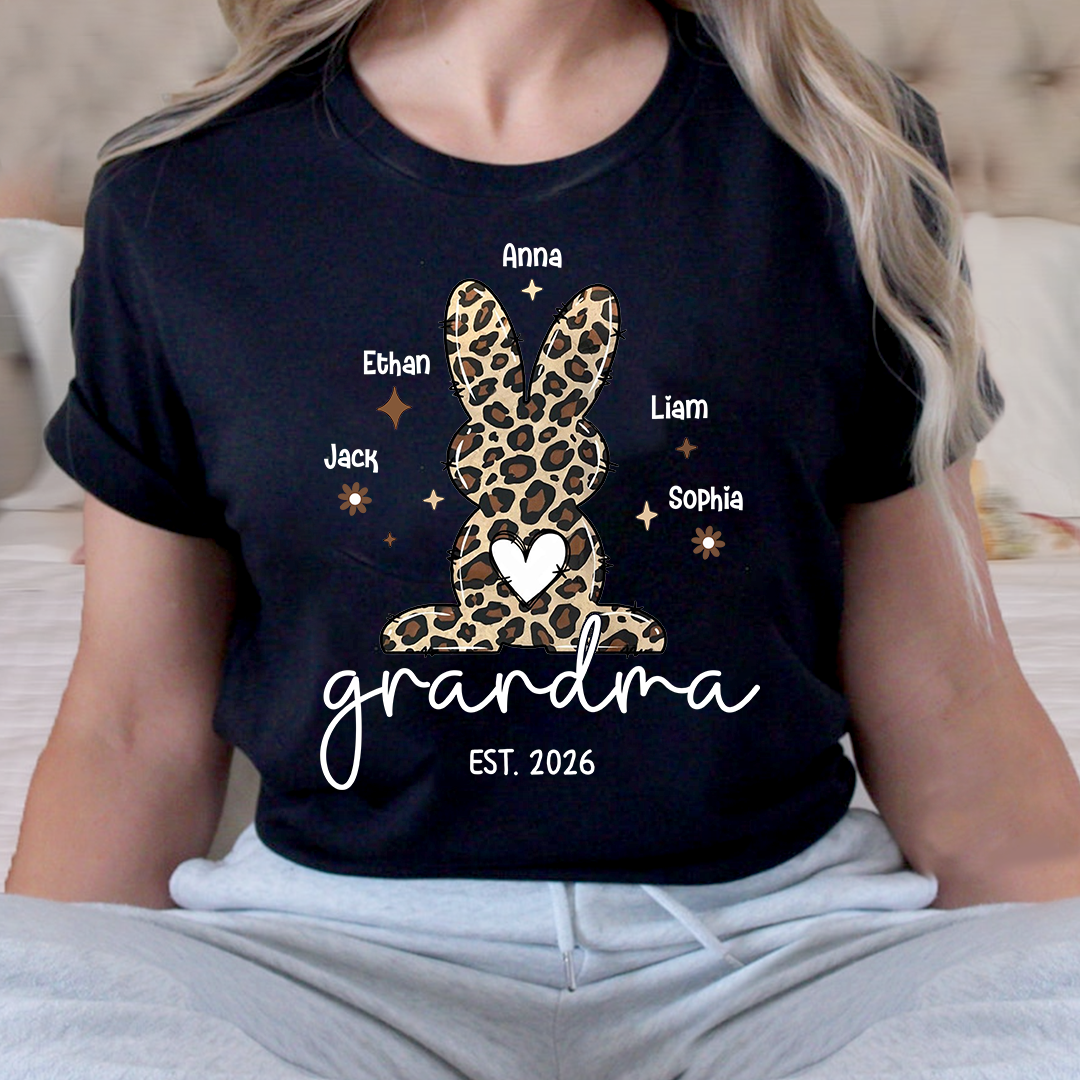 Personalized Grandma Easter Bunny Leopard Print T-shirt, Custom Grandma And Kids