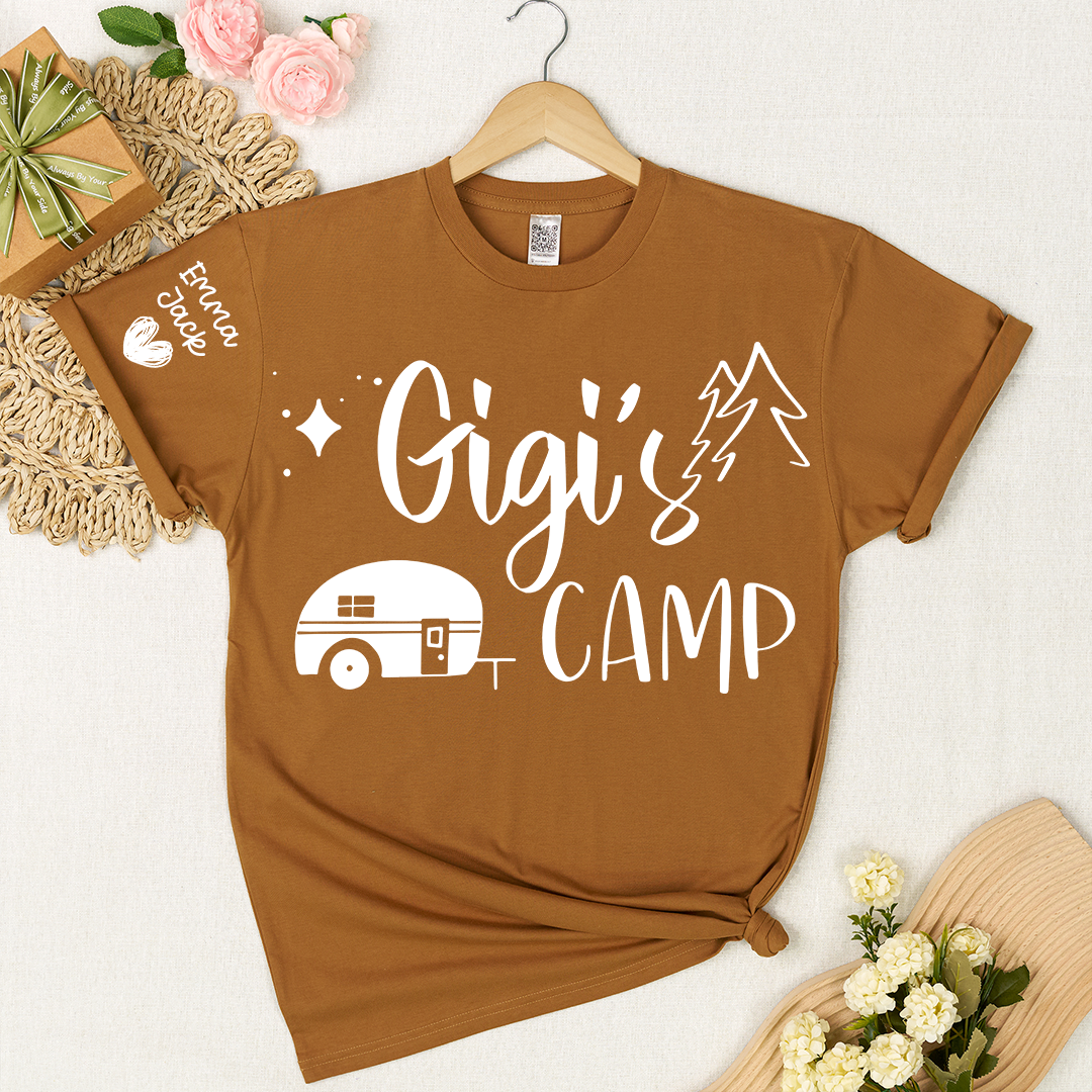 Gigi's Camp Shirt Personalized with Grandkids Names, Funny Camping Grandma Tee, Camper Trailer Graphic T Shirt