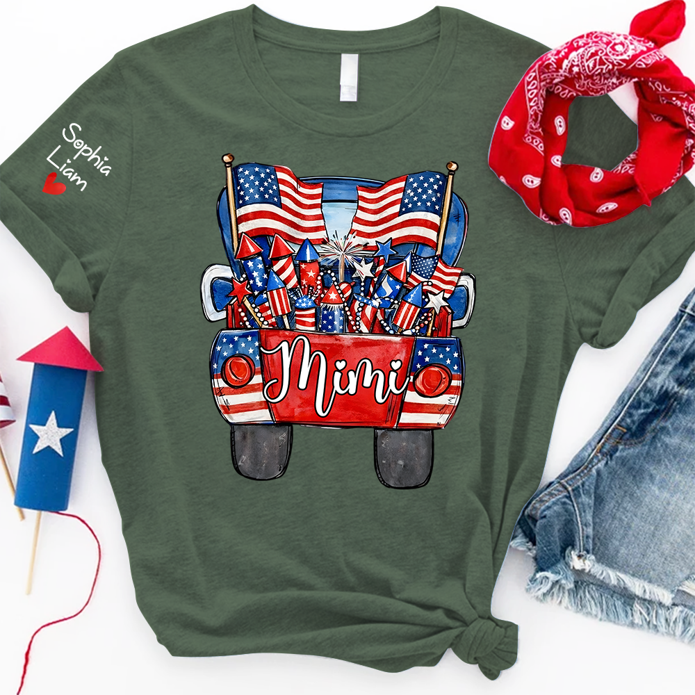Personalized Mimi Shirt, Patriotic Truck Fireworks Design, Custom Name Sleeve, Fourth of July Shirt, Independence Day Family Outfit