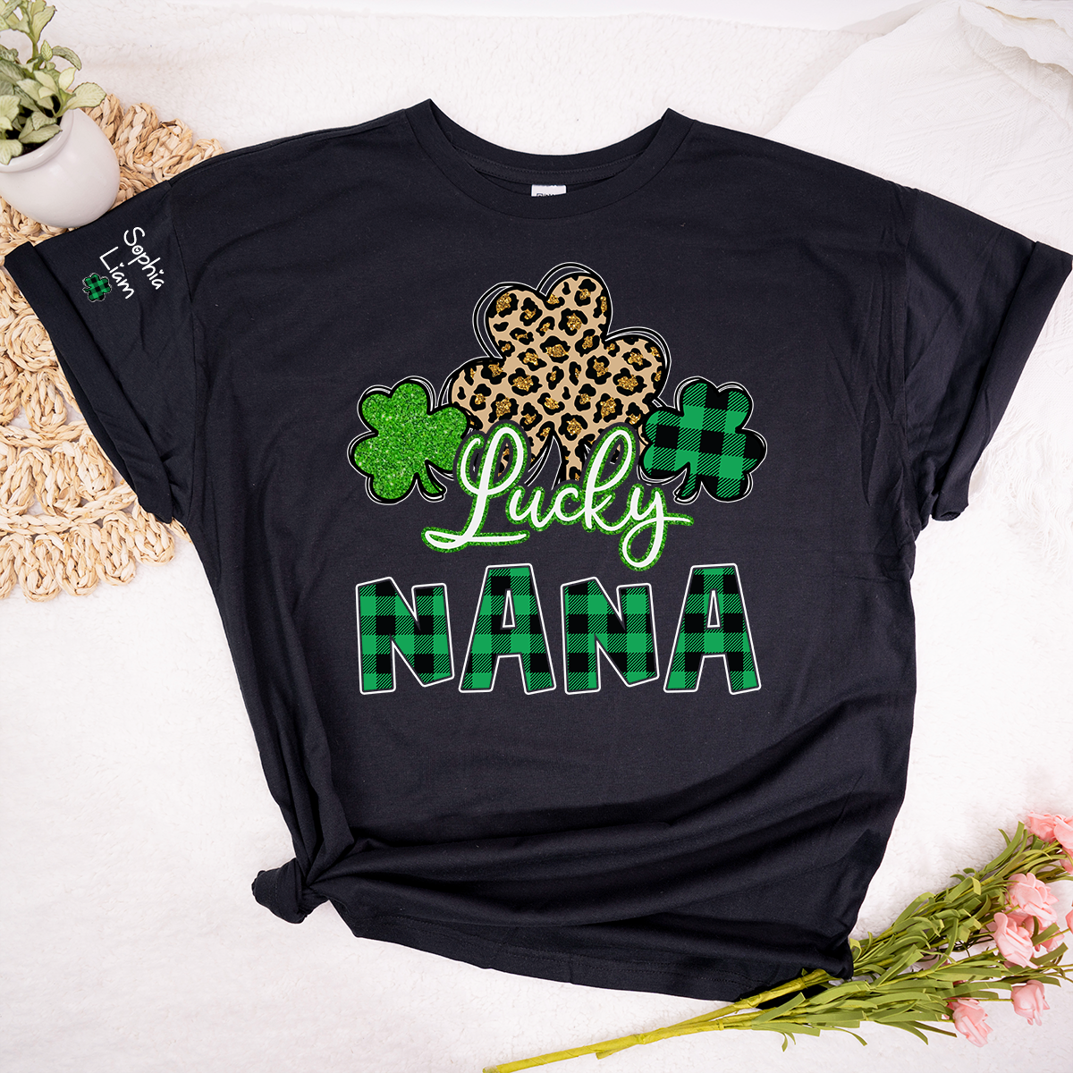 Personalized Lucky Nana T Shirt with Shamrock Pattern, St Patricks Day Grandma Shirt, Custom Name Nana Tee, Cute Irish Clover Design for Family Wear