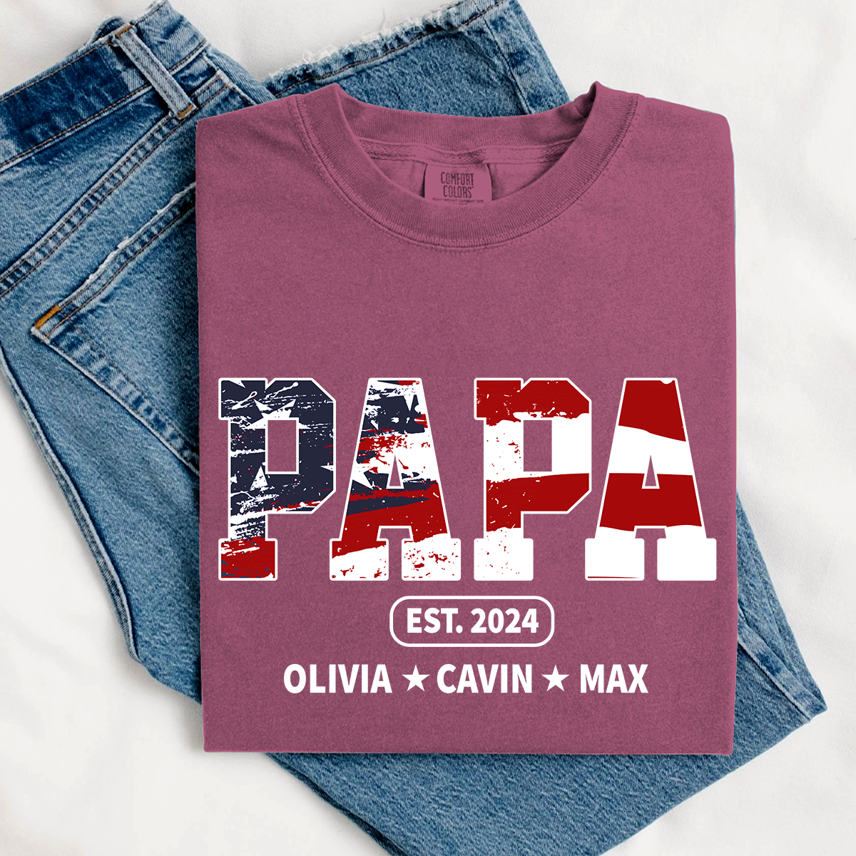 Comfort Colors® Papa Est Independence Day Shirt, Custom Nickname And Grandkids 4th Of July Shirt