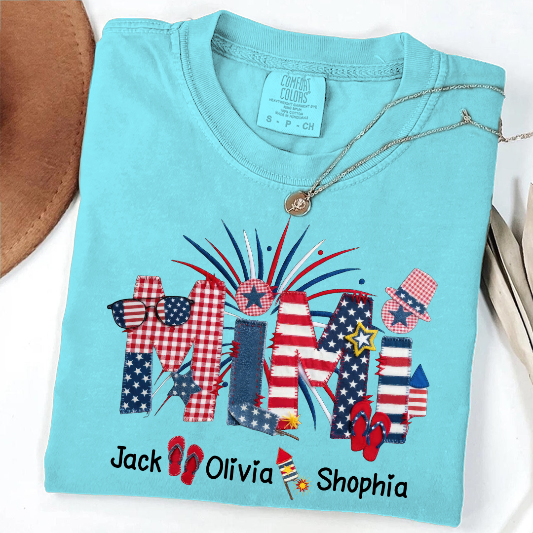 Comfort Colors Mimi Custom T Shirt with Patriotic Design & Grandkids' Names, Perfect for 4th of July