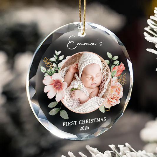 Custom Baby’s First Christmas Photo Ornament 2025 – Personalized Glass Keepsake, Floral Holiday Gift for Family & Loved Ones Round Glass Ornament