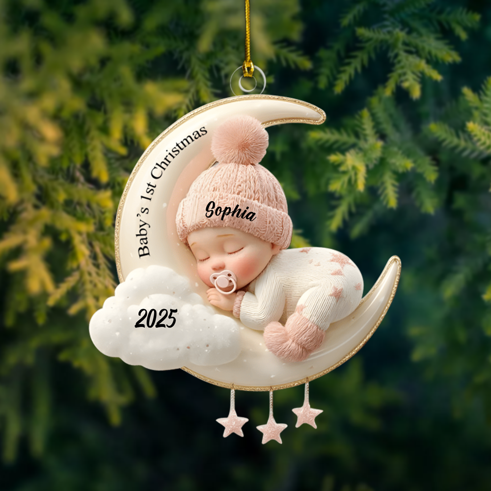 Personalized Baby’s First Christmas Ornament 2025 – Custom Name Moon & Cloud Ornament, Newborn Keepsake Gift for Baby Boy or Girl Ornament