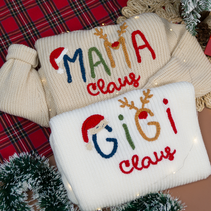 Custom Hand-Embroidered Christmas Knitted Sweater – Personalized Mama Claus Sweater with Festive Design
