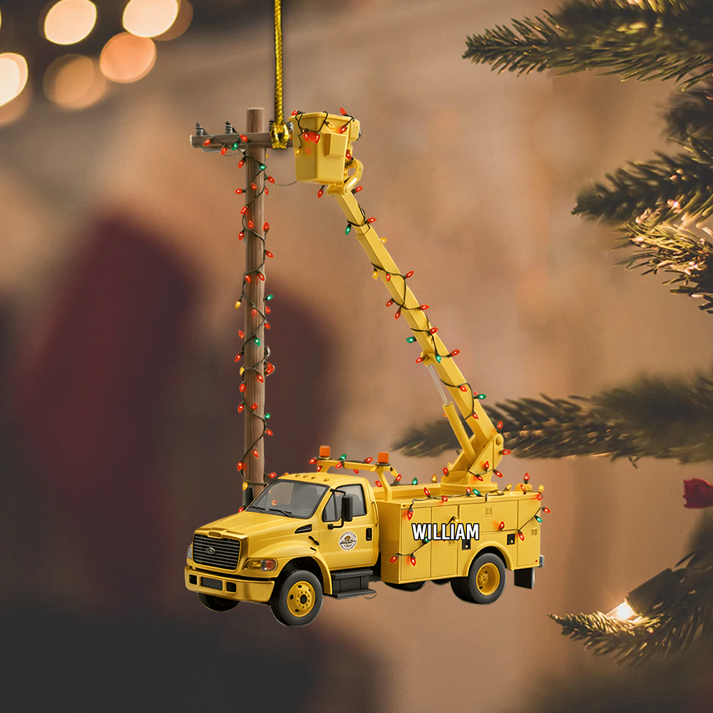 Personalized Lineman Bucket Truck Ornament 2025 – Custom Name Christmas Ornament, Electric Utility Worker Gift Ornament