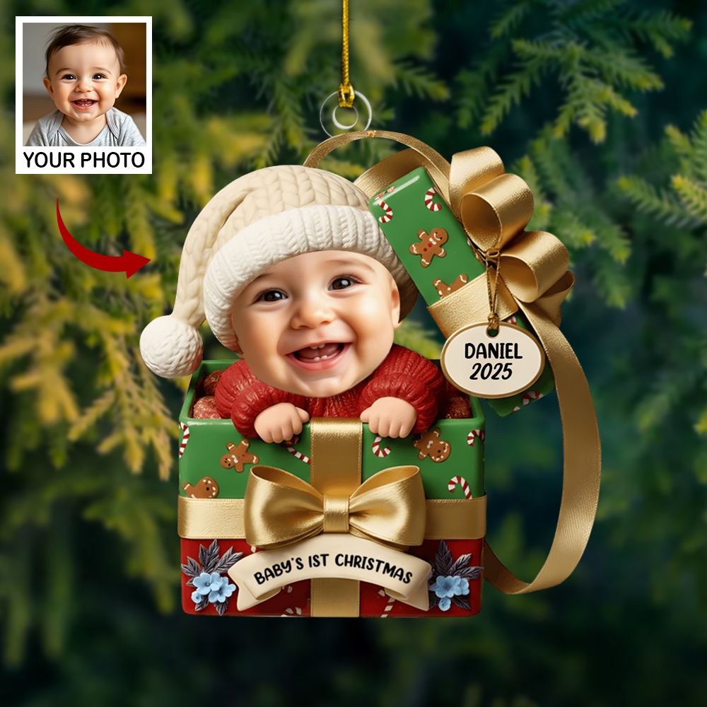 Custom Baby Ornament 2025 – Baby’s 1st Christmas Gift Box Design with Name & Photo, Perfect Holiday Keepsake for New Parents Ornament