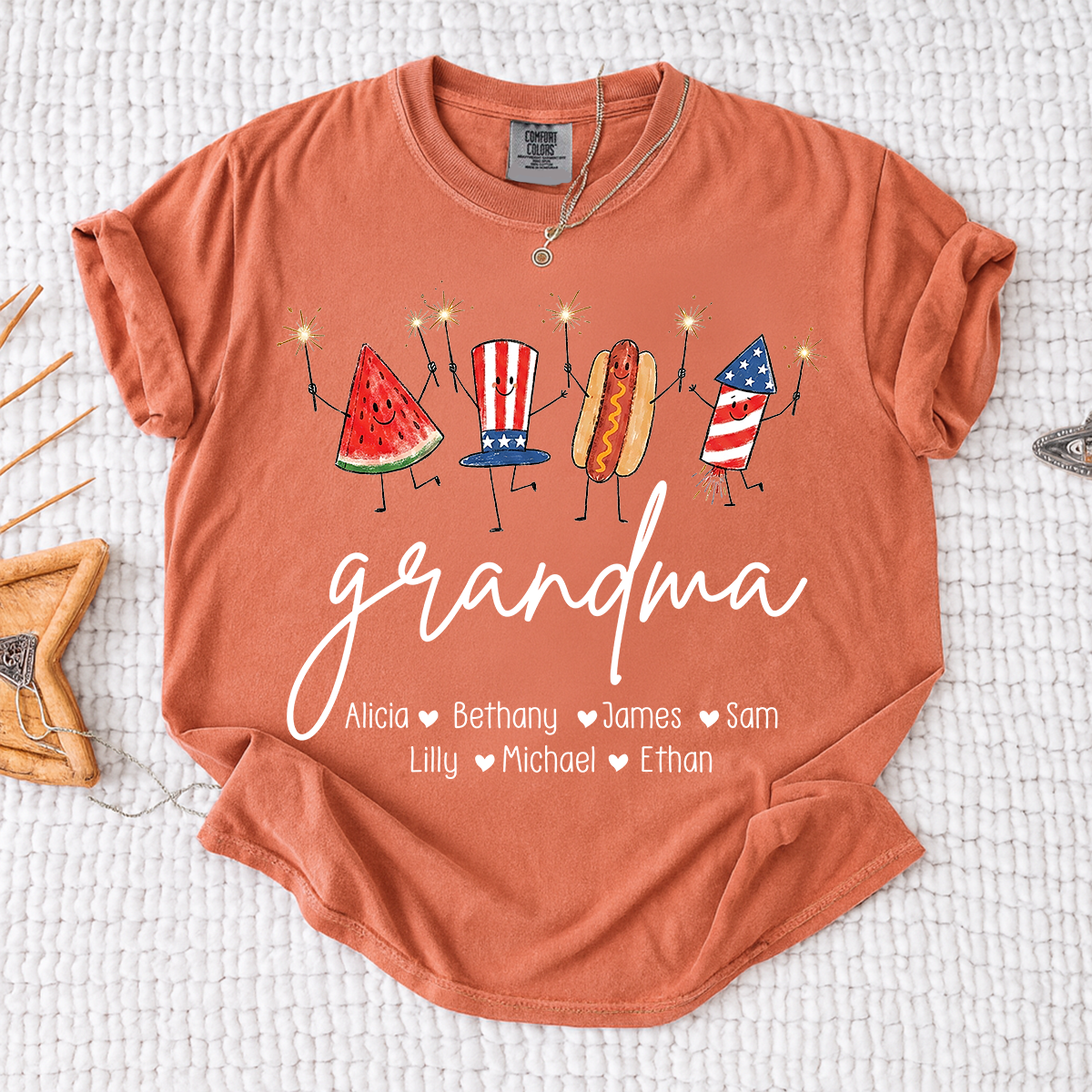 Comfort Colors® Personalized Grandma 4th of July Shirt with Grandkids Names, Patriotic Firecracker Family Tee, Custom Independence Day Grandma Gift