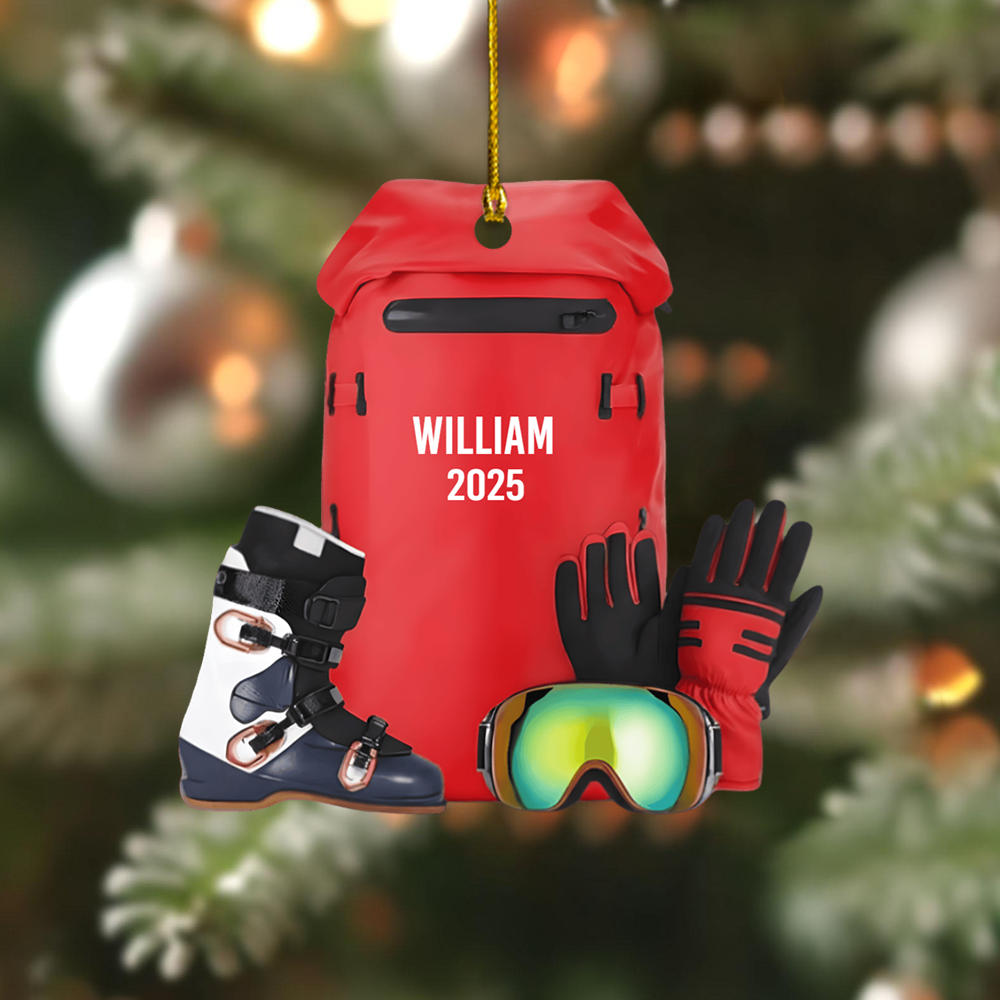 Personalized Ski Gear Ornament 2025 – Custom Name Ski Backpack Christmas Ornament, Gift for Skiers & Snowboard Lovers Ornament