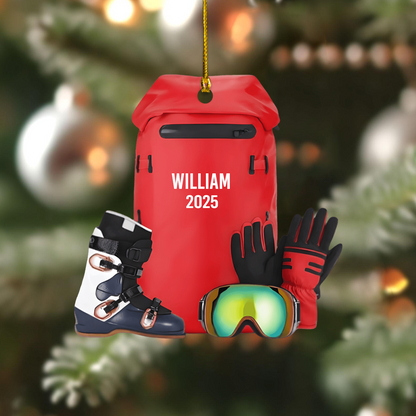 Personalized Ski Gear Ornament 2025 – Custom Name Ski Backpack Christmas Ornament, Gift for Skiers & Snowboard Lovers Ornament