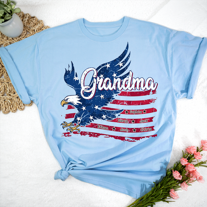Custom NameEagle T Shirt, Personalized Grandkids Names American Flag Eagle Shirt 4th of July Gift for Grandma