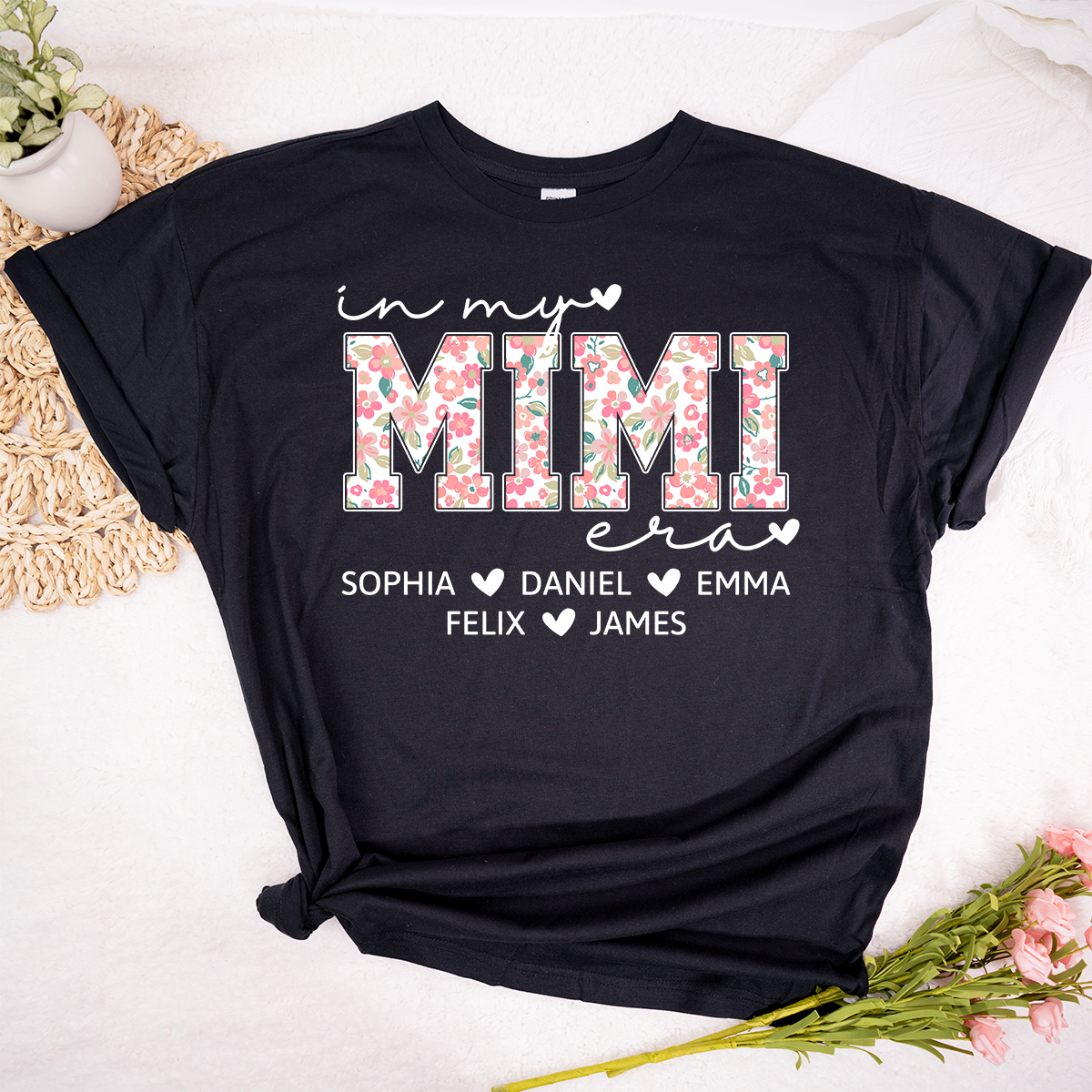 Custom In My Mimi Era Shirt, Personalized with Kids' Names and Floral Letters
