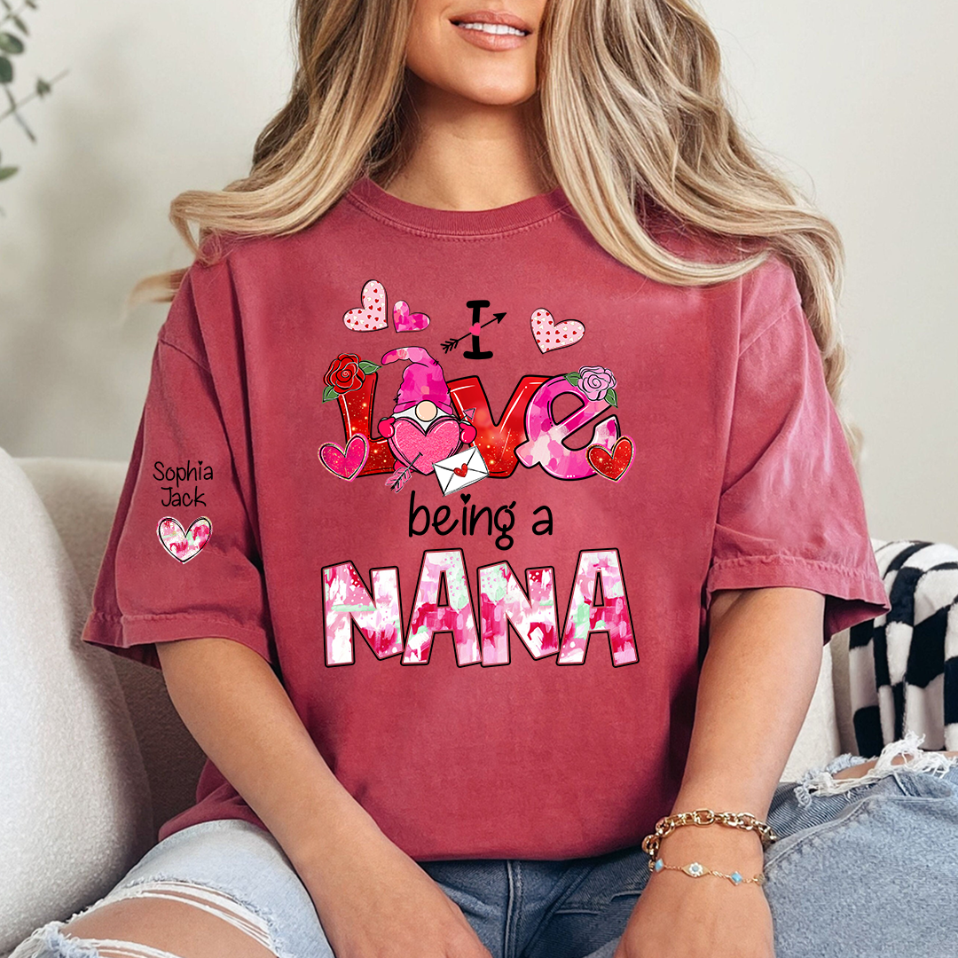 Personalized I Love Being A Nana Valentine T-shirt, Cute Bow and Strawberry Design for Grandma and Kids