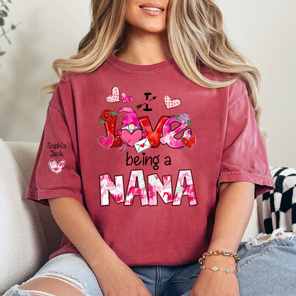 Personalized I Love Being A Nana Valentine T-shirt, Cute Bow and Strawberry Design for Grandma and Kids