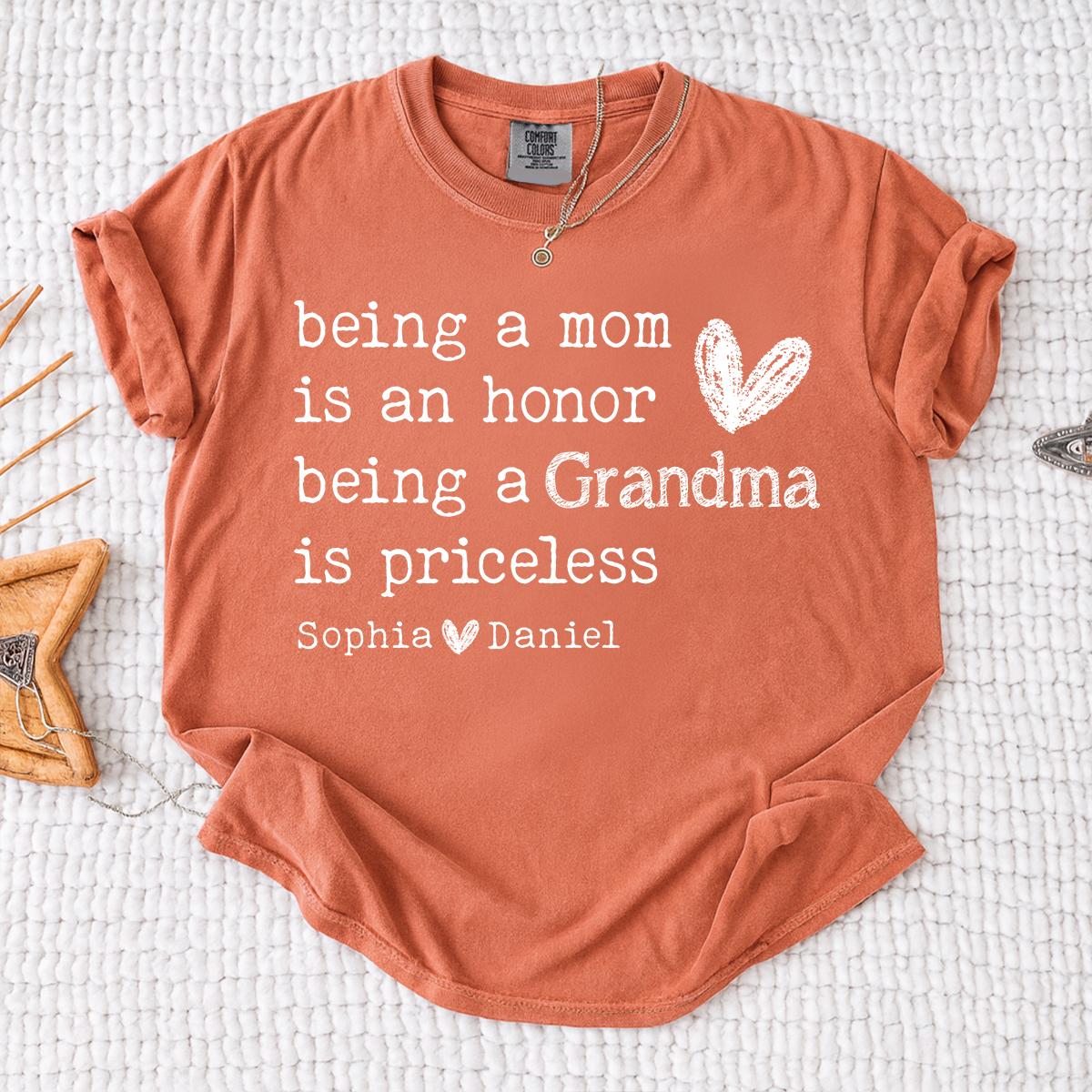 Comfort Colors Custom Grandma T Shirt with Grandkids Names Meaningful Quote Being a Mom Is an Honor Grandma Is Priceless Personalized Family Shirt