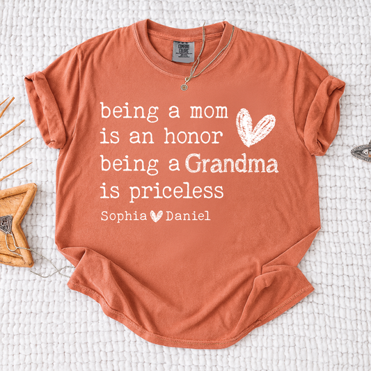 Comfort Colors Custom Grandma T Shirt with Grandkids Names Meaningful Quote Being a Mom Is an Honor Grandma Is Priceless Personalized Family Shirt