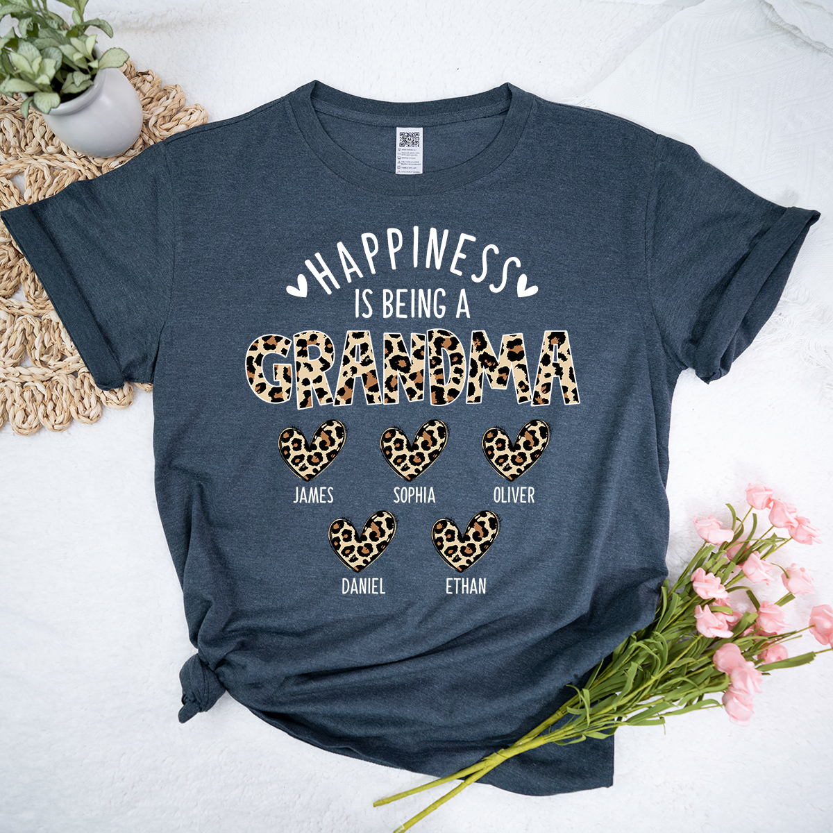 Happiness Is Being a Grandma Tee, Custom Grandma Shirt with Grandkids Names, Leopard Print Hearts Design