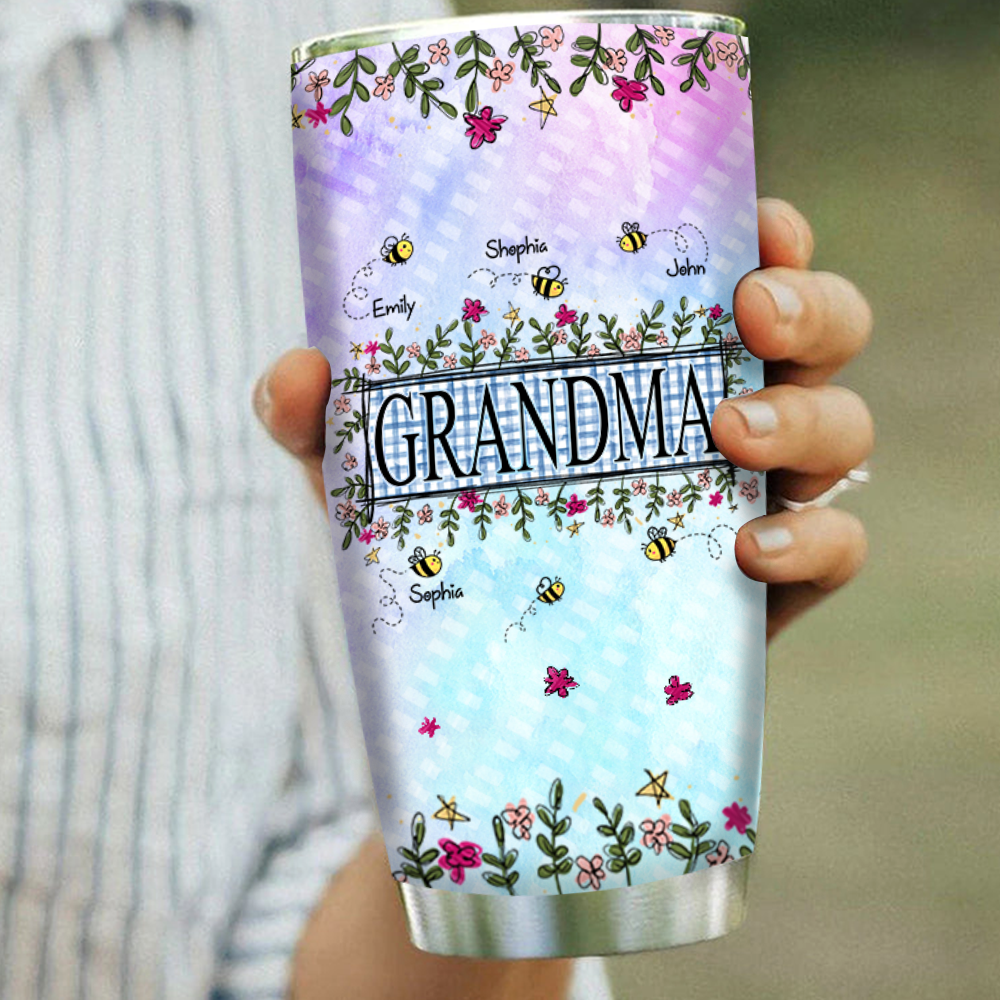 Personalized Water Cups, Custom Flower Grandma And The Kids Bee. Portable Water Cup With Lid