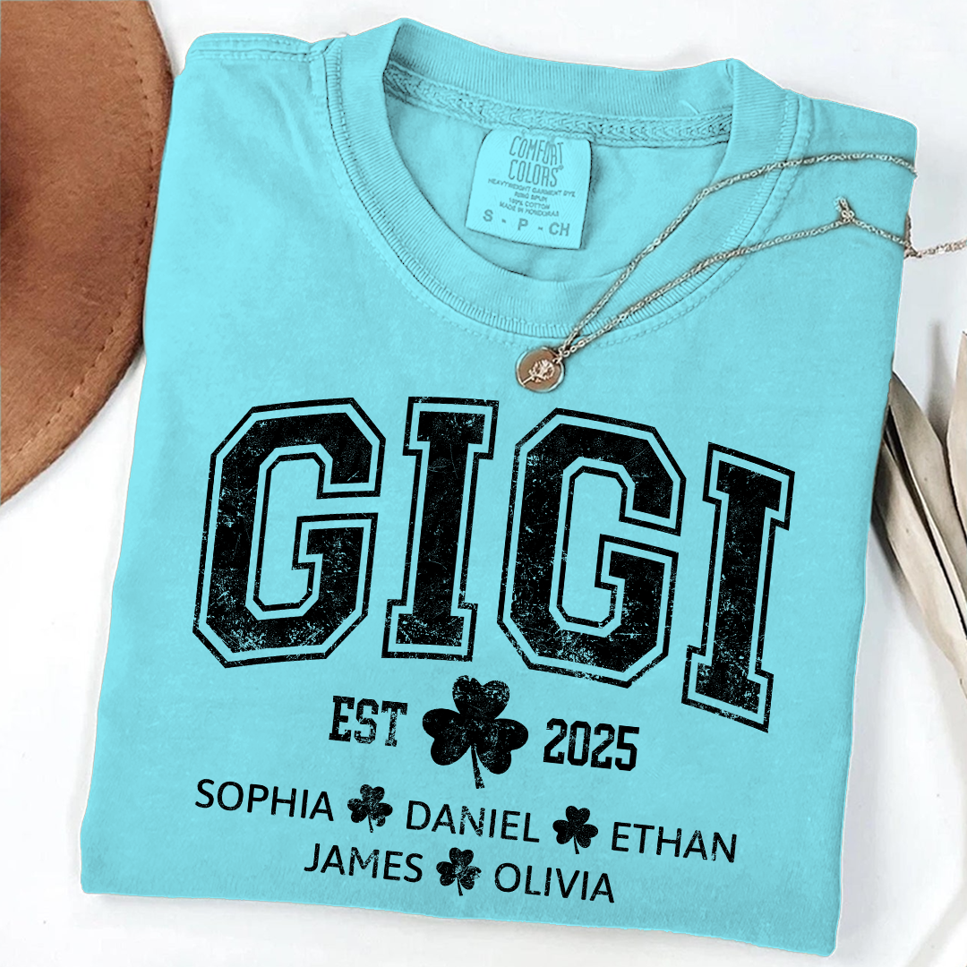 Comfort Colors St Patrick’s Day Gigi Shirt Est 2025, Custom Grandma T Shirt with Kids Names Shamrock Design