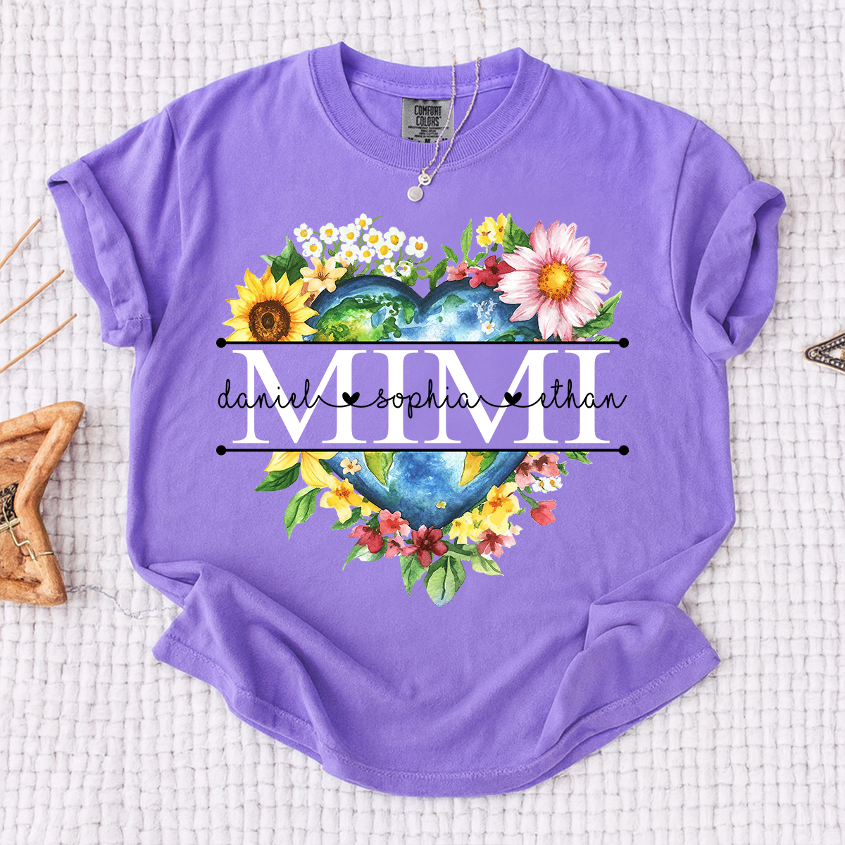 Comfort Colors Custom Mimi Heart Shaped Earth Shirt, Floral Heart Graphic with Grandkids Names, Family Love Tee