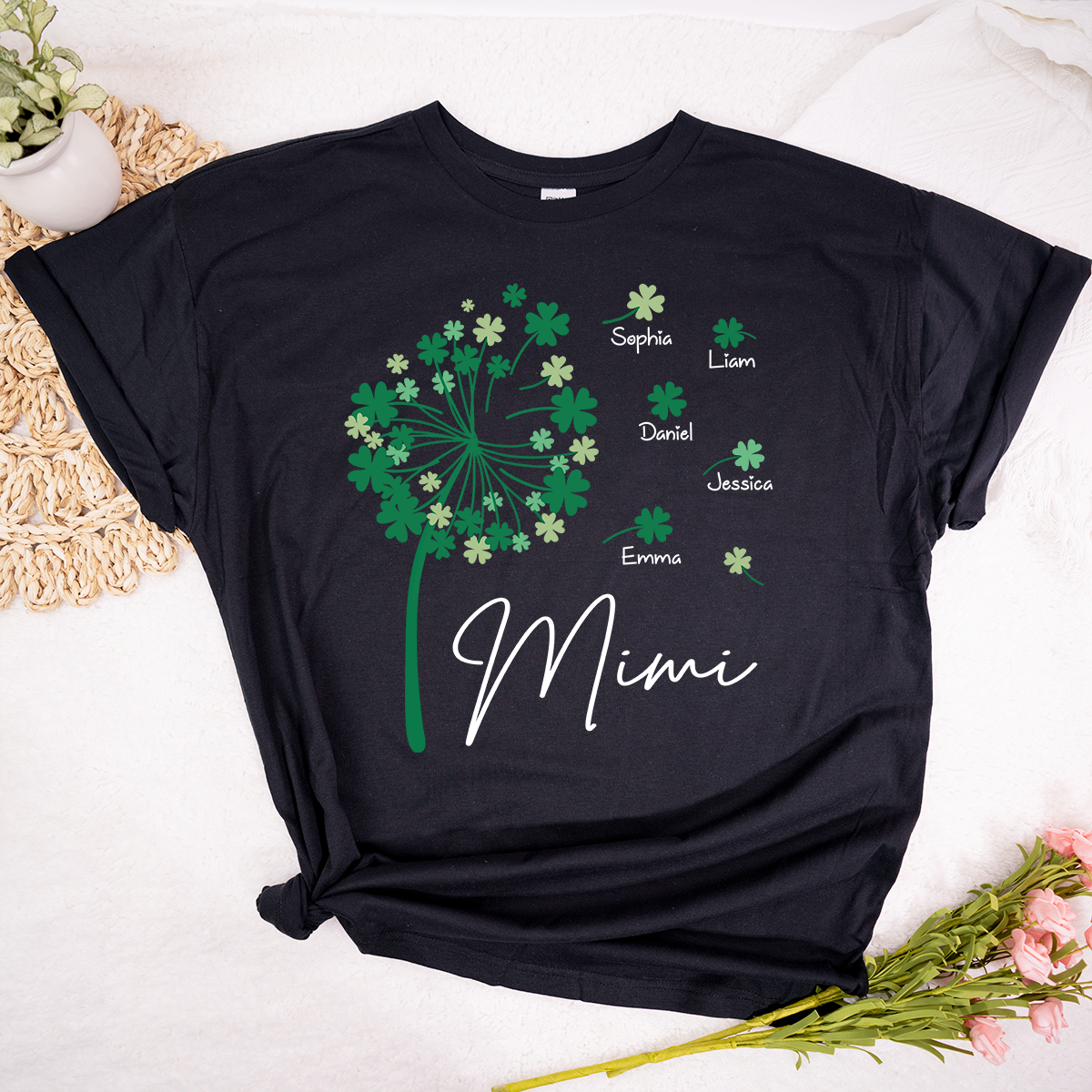 Personalized Mimi Shirt with Kids Names, Shamrock Dandelion Design, St Patricks Day Family Shirt for Grandma, Custom Lucky Mimi T Shirt
