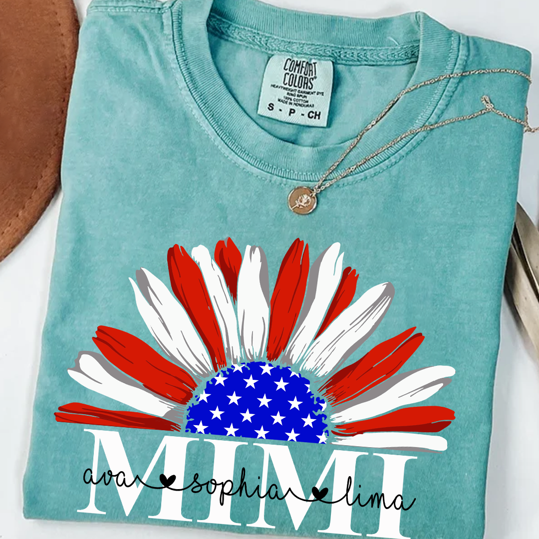 Comfort Colors® Custom Mimi And Grandkids – USA Flag Daisy Tee