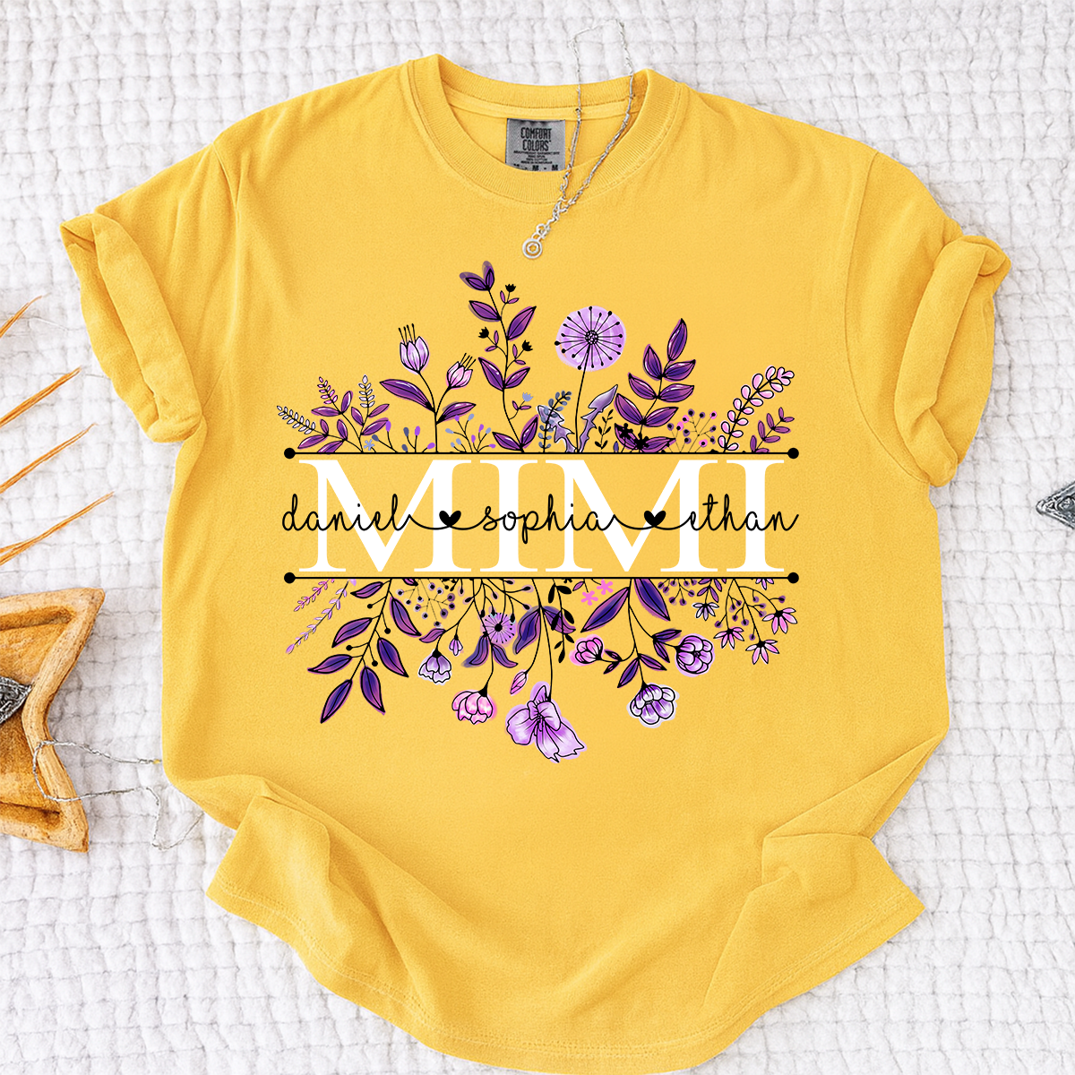 Comfort Colors Personalized MIMI T Shirt, Customizable with Family Names, Stunning Floral Design with Purple Flowers