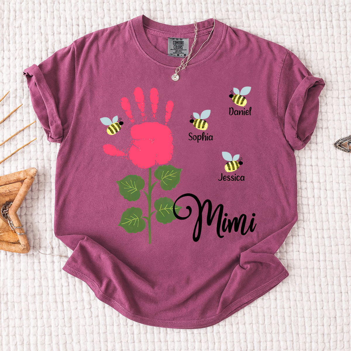 Comfort Colors Personalized Mimi Shirt, Custom Family Names with Handprint Flower Design and Bees, Perfect Gift for Mimi