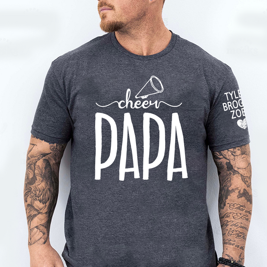 Custom Cheer Papa Tee, Personalized Dad's Cheer T-Shirt with Kid's Names