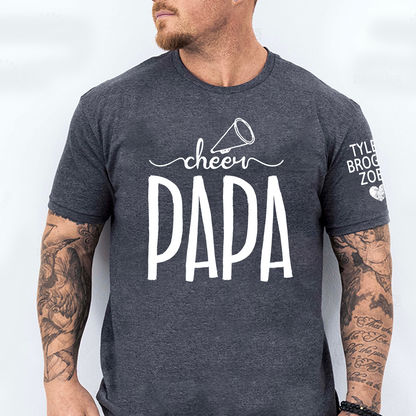 Custom Cheer Papa Tee, Personalized Dad's Cheer T-Shirt with Kid's Names