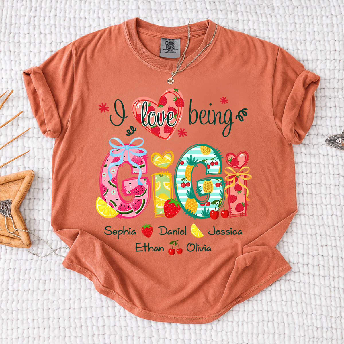 Comfort Colors I Love Being Gigi Shirt with Names, Personalized Fruit Pattern T-Shirt for Grandma, Summer Family Apparel
