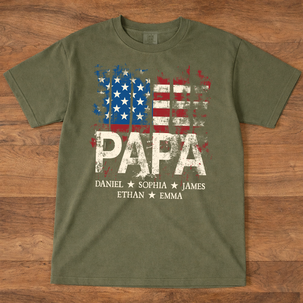 Comfort Colors® Papa American Flag Shirt With Name, Personalized Dad T Shirt Patriotic Style
