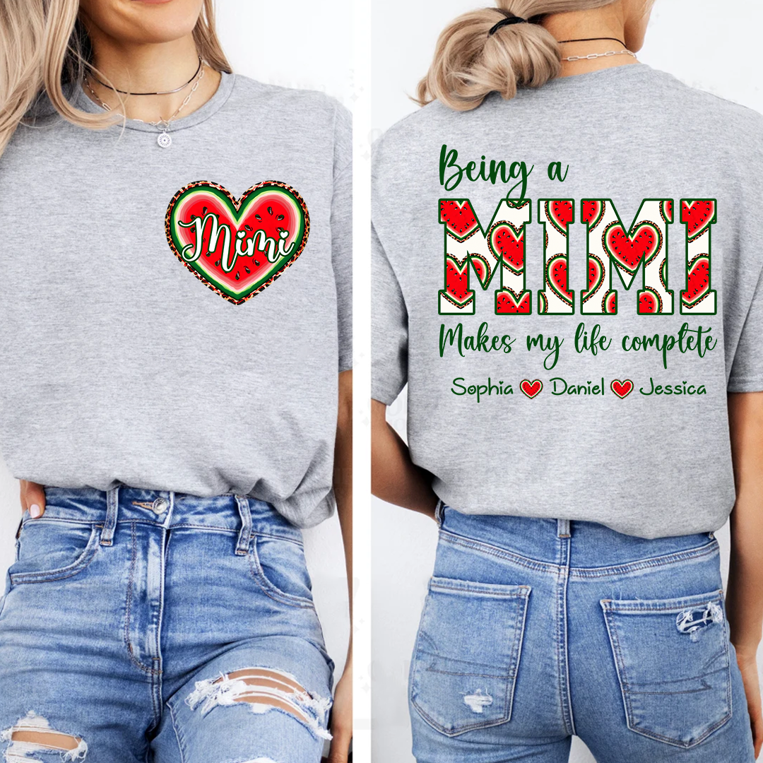 Personalized Mimi Watermelon Heart Shirt, Custom Grandma Comfort Colors Tee with Grandkids Names, Being a Mimi Makes My Life Complete